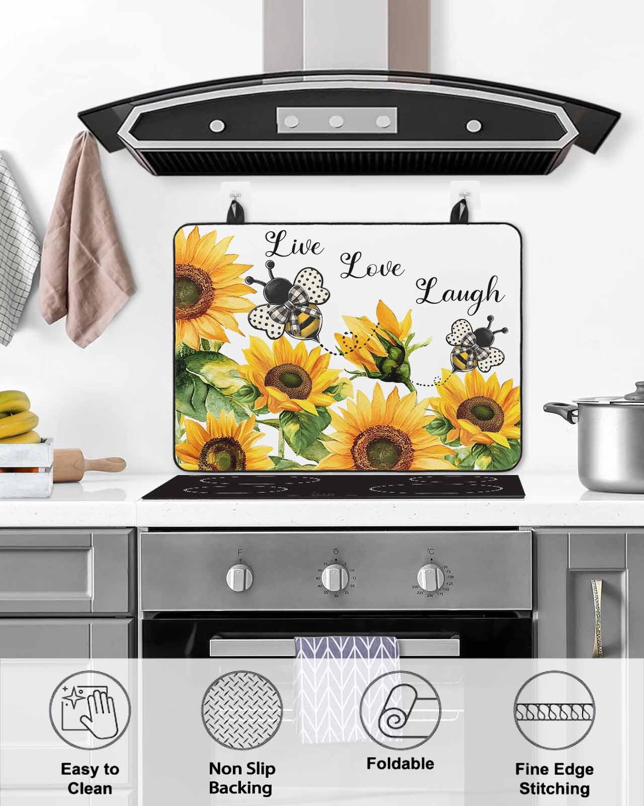 nqOlkjepod Large Induction Cooktop Protector Mat 24"x21", Sunflower Bee Stove Top Covers for Electric Stove, Vintage Yellow Floral Farmhouse Watercolor Stove Burner Cover Mats, Glass Top Stove Cover