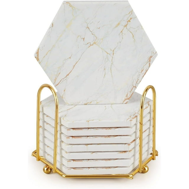 Geichan Coasters for Drinks with Holder, Absorbent Marble Coasters Set of 8, Ceramic White and Gold Coasters for Coffee Table,Housewarming Gift,Tabletop Protection, Home Decor