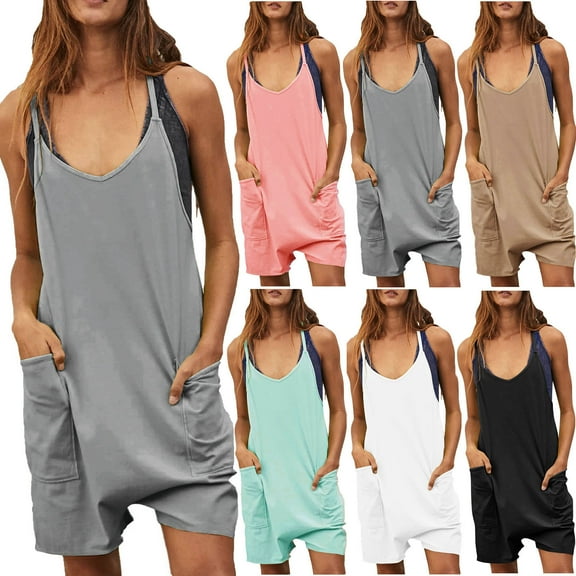 Womens Summer Casual Sleeveless Rompers Loose Spaghetti Strap Shorts Jumpsuit with Pockets