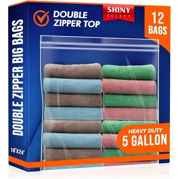 [ 12 COUNT ] 5 Gallon Double Zipper Jumbo Bags, 18x24 inches,12 Count Heavy Duty Storage Bag for Clothing, Bedding, Shoes, Pillows, Pet Supplies, Crafts, Books, Magazines, Toys