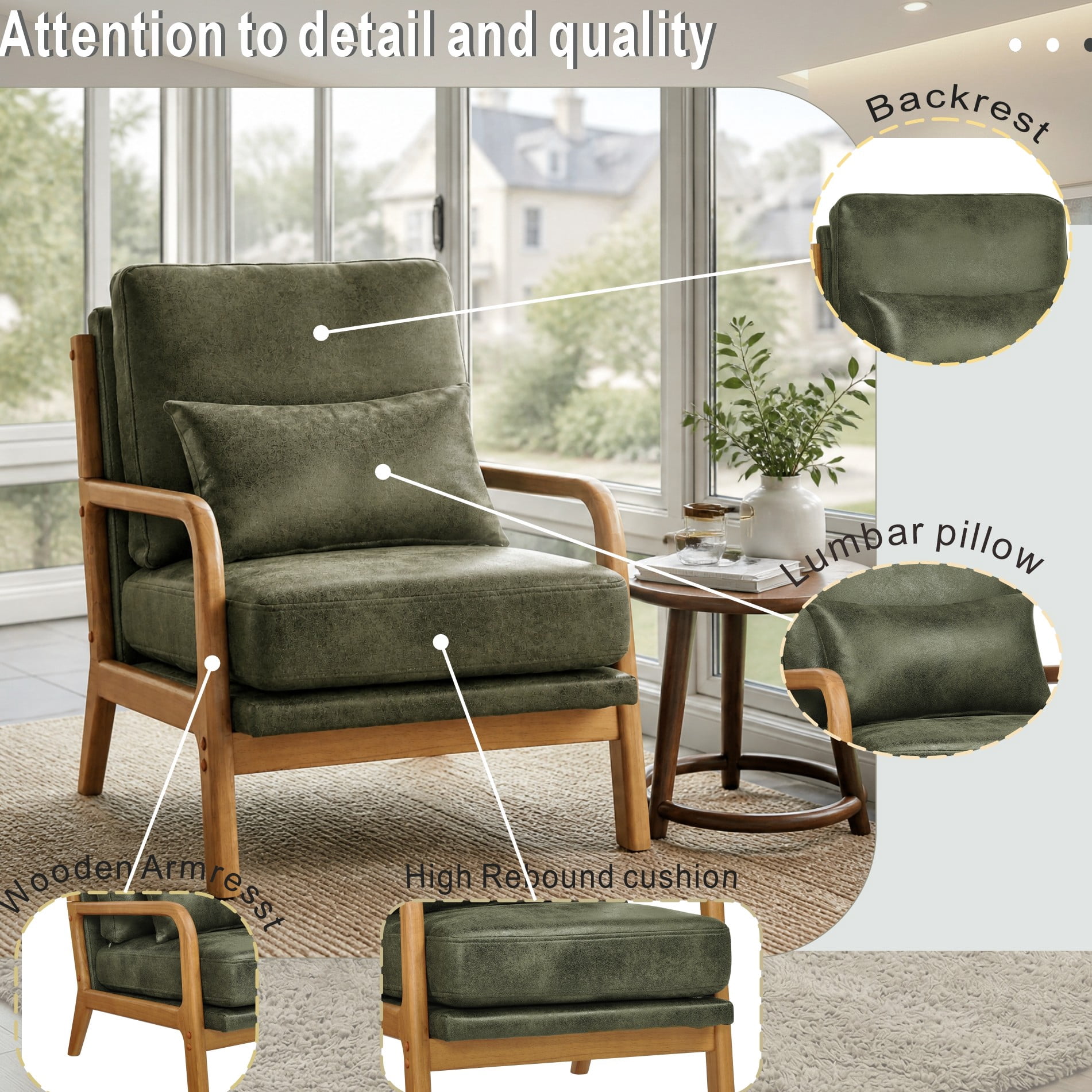 MOONMISS Accent Chair, Reading Club Chair with Pillow for Living Room Bedroom Furniture,Olive