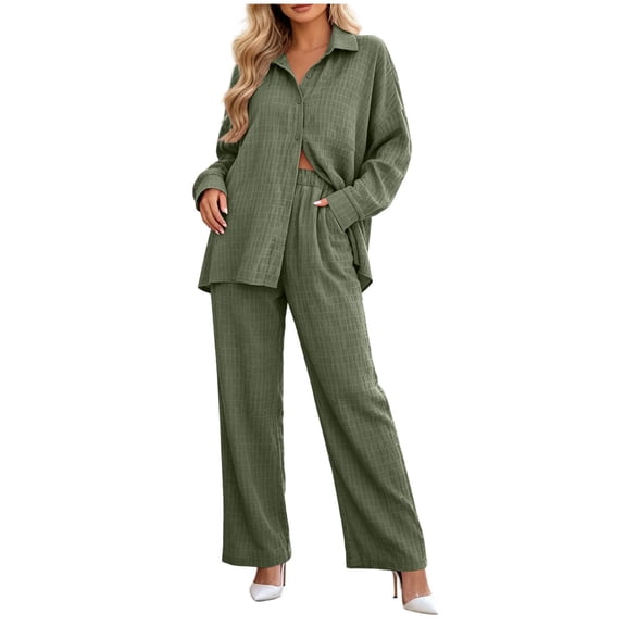 Zekutng 2 Piece Sets for Women Textured Button Down Shirt Wide Leg Pant 2-Piece Linen Co-ord Set,Sizes S-2XL