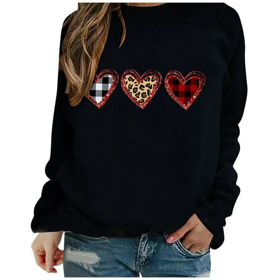 Ichuanyi Womens Fall Tops, Women's Casual Valentine's Day Heart Print Round Neck Casual Sweatshirt Top