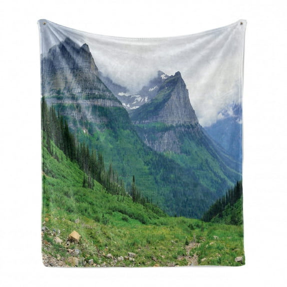 Glacier National Park Soft Flannel Fleece Throw Blanket, Summer Landscape with Grassy Land and Majestic Mountains, Cozy Plush for Indoor and Outdoor Use, 60" x 80", Multicolor, by Ambesonne