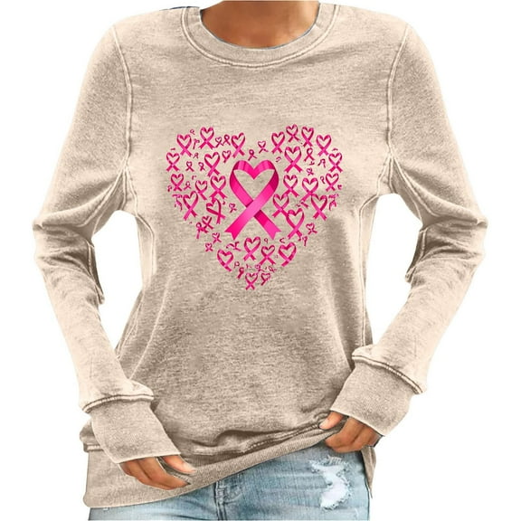 Women's Pink Ribbon Sweatshirt Breast Cancer Awareness Heart Print Pullover Long Sleeve Casual Loose Tops