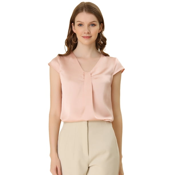 Blusa de Satén Allegra K para Mujer Oficina Cuello En V Manga Casquillo Top Elegante Rosa L
