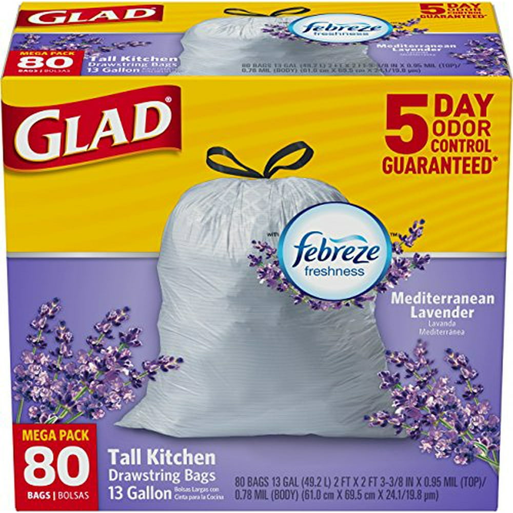 Glad OdorShield Tall Kitchen Drawstring Trash Bags, Lavender breeze, 13