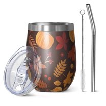 12oz Stemless Wine Tumblers Fall Pumpkins Leaves Pattern Vacuum Insulated Stainless Steel Travel Tumbler Cups Mug with Lid and Straw for Champaign,Cocktail,Beer with Cleaning Brush