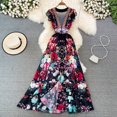 thumbnail image 2 of Mujeres Moda Vintage Elegante Mosca Mangas Cuello En V Delgado Solo Pecho Impresión Una Línea Vestido Verano Cintura Alta Fiesta Vacaciones Vestidos Bohemios, 2 of 3