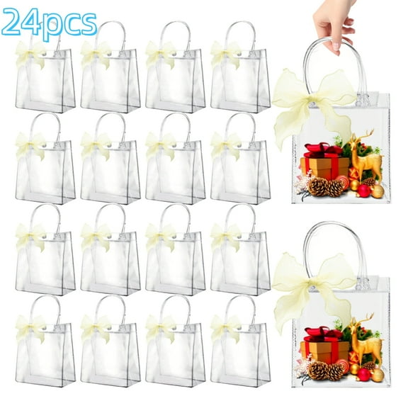Xugoox 24 Pcs Clear Gift Bags with Handles Transparent Plastic Tote Bags Reusable PVC Bags Party Favor Bags for Birthday Wedding Shopping, 5.1 x 2.8 x 6.0 Inch