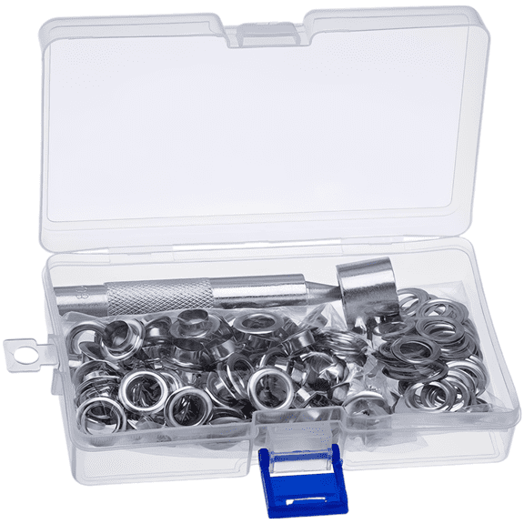 Sets of 100 Grommet Tool Kit, Silver Grommet Eyelet Kit with Punch Tool, Copper Metal Eyelets for Tarps, Canvas, Leather, Fabric, Box Packaged