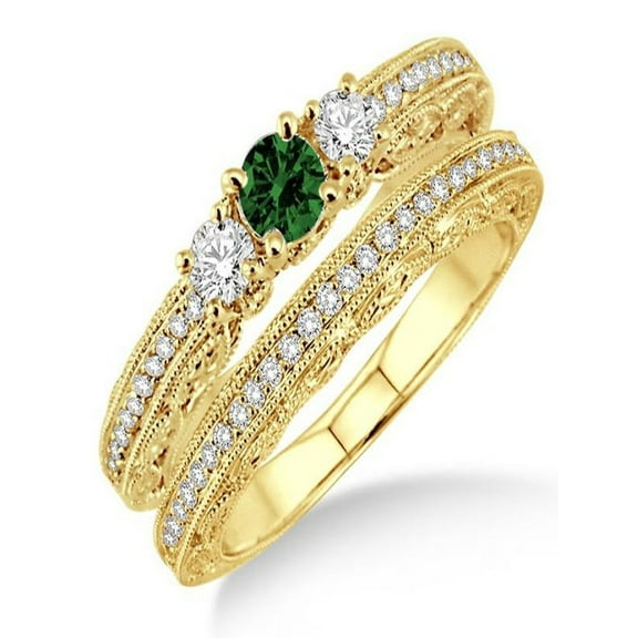 2 Carat Emerald And Diamond Moissanite Antique Milgrain Bridal Set On 10K Yellow Gold