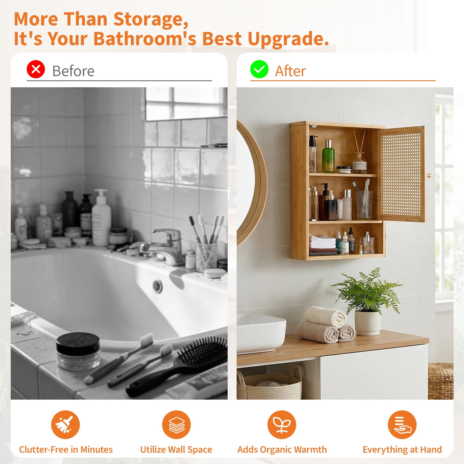 15.74''x 7.87''x 23.62'' Bamboo Bathroom Wall Cabinet with Rattan Door and Adjustable Shelf, Wall Mounted Medicine Cabinet Storage Organizer for Bathroom, Laundry Room, Kitchen, Living Room, Brown