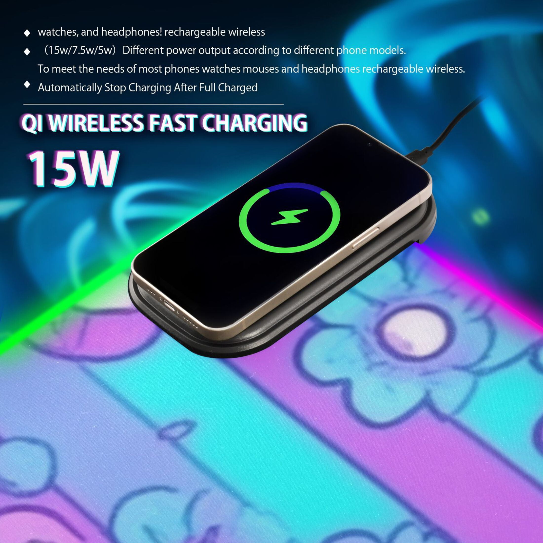 RGB Gaming Mouse Pad 15W Wireless Charging Large Waterproof Desk Mat 13 Light Modes Mousepad 31.5x11.8 Blue Pink Stripes with Flowers