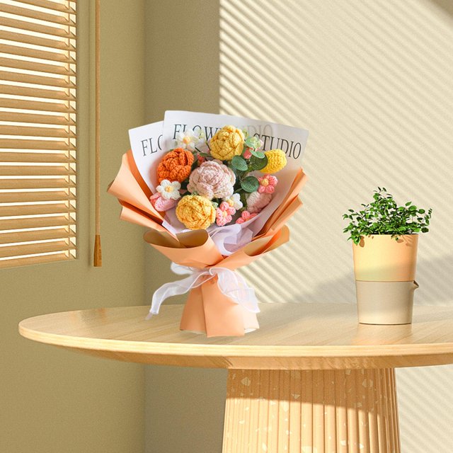 Ramo de flores de ganchillo, regalo para el día de la madre, hecho a mano, tejido de escritorio, flores artificiales, flores tejidas para fiesta, mamá Papel de regalo naranja