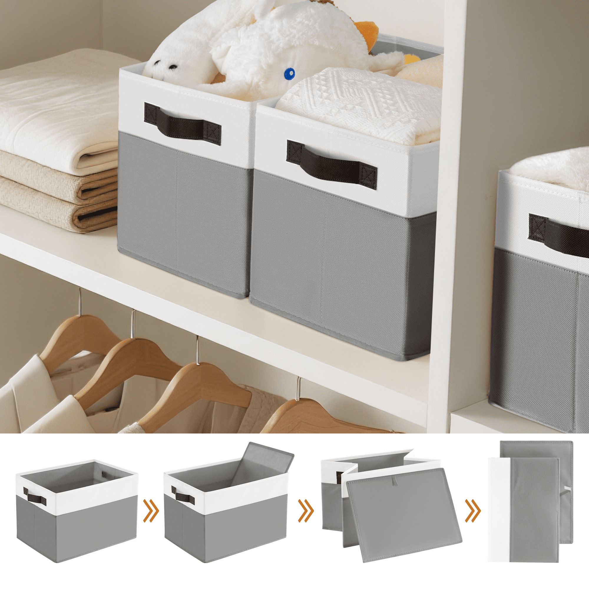 Criusia 4 Pack Large Cube Storage Bins for Shelves, Foldable Fabric Storage Cubes with Handles, Closet Organizers and Storage Bins for Clothes, Toys, Towels & Linen, Gray