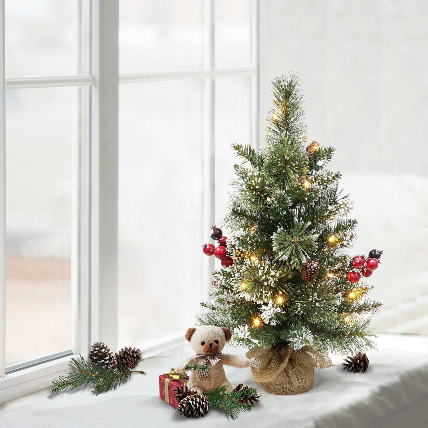 Holiday Time 2' Pre-lit Glittering Frost Small Tree, Green, 48 branch tips; LED lights