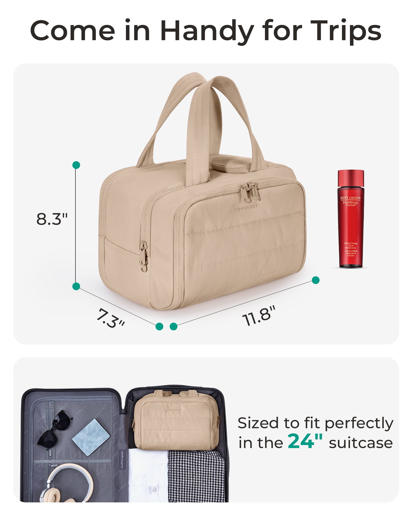 BAGSMART Crush Toiletry Bag for Travel, Lightweight Large Wide-open Travel Bag for Women, Puffy Cosmetic Makeup Bag Organizer with Handle for Accessories,Essentials, Toiletries, Khaki