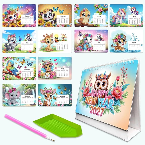 Animal Diamond Art Desk Calendar 2027, DIY Rhinestone Painting Monthly Table Planner, Creative Craft Ornament for Home Office Schedule（1 Pack）