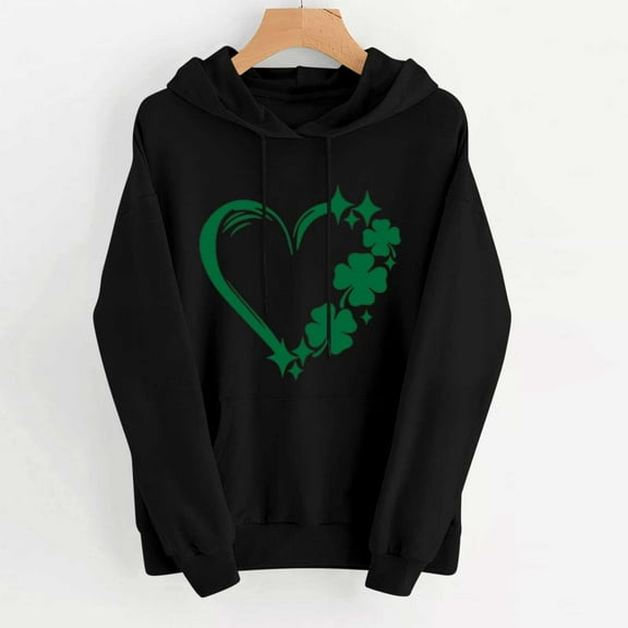 VgaVtl St Pattys Day Sweatshirt for Women Long Sleeve Hooded Women Tops Lovely Shamrock Casual Vacation Active Fit Tops,Black S