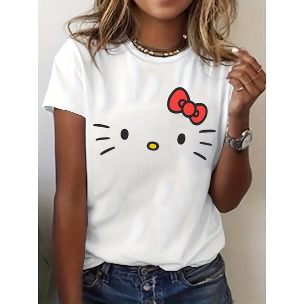 Camiseta de Mujer Sanrio Hello Kitty - Estampado de Cara Icónica y Firma, Manga Corta Cuello Redondo, Top Casual de Verano Adecuado para Primavera y Verano, Ropa de Marca Icónica Lavable a Máquina