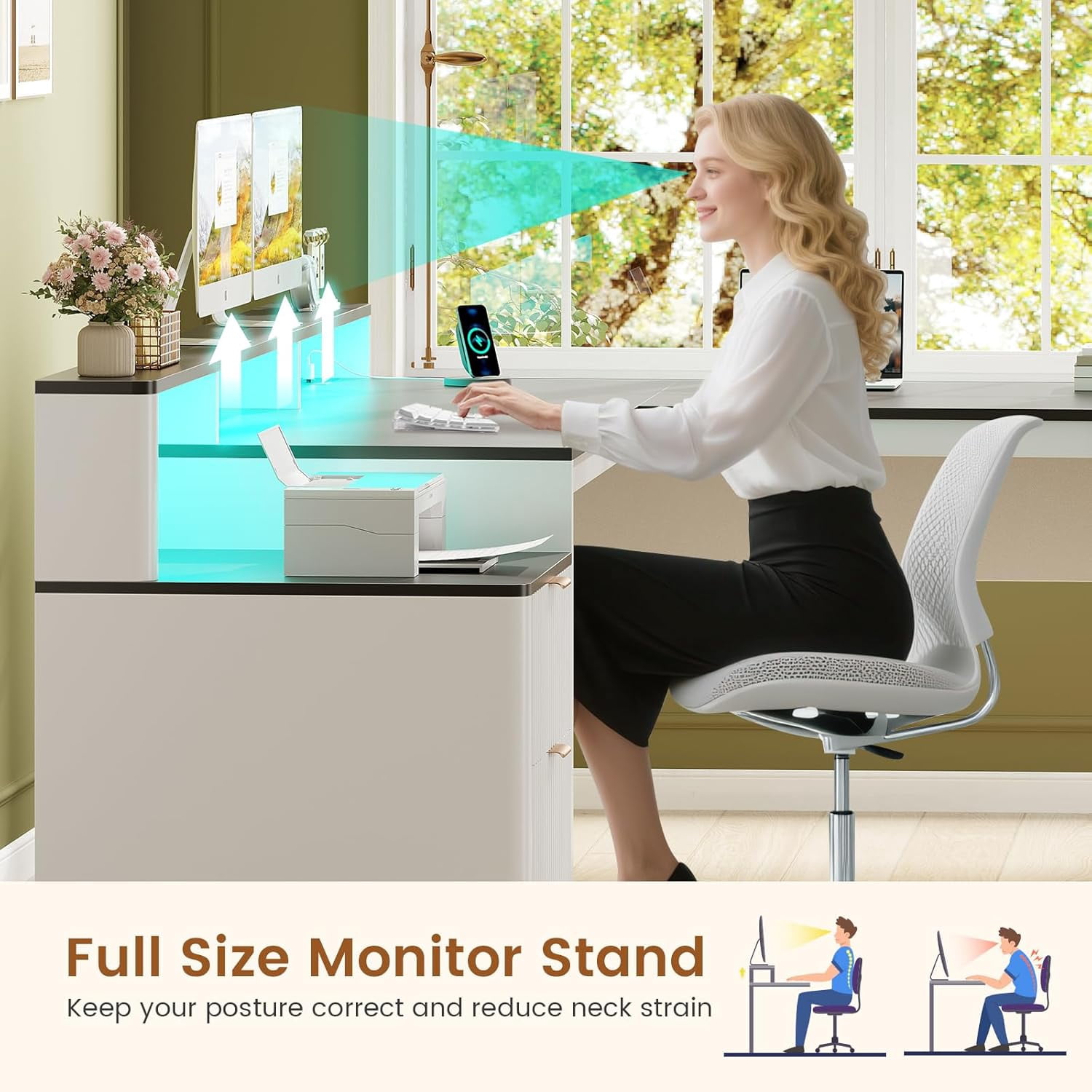 66" Fluted Home Office Desk with Storage, L Shaped Desk with Power Outlets & Monitor Stand, Wood Computer Desk with Drawers & Cabinet, Corner Desk with LED Lights for Bedroom, White