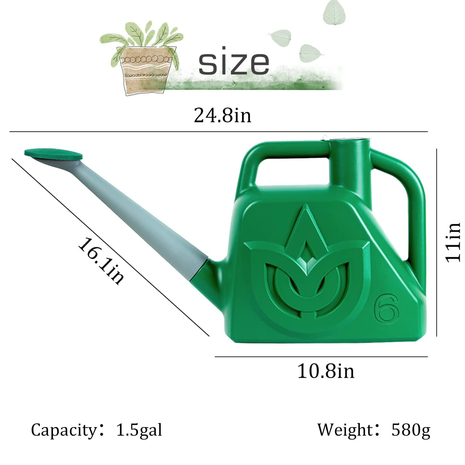 1.5 Gallon Green Watering Can Outdoor Garden Flower Plant, Lightweight 6 L Water Cans with Detachable Nozzle Watering Pot for Office House Garden