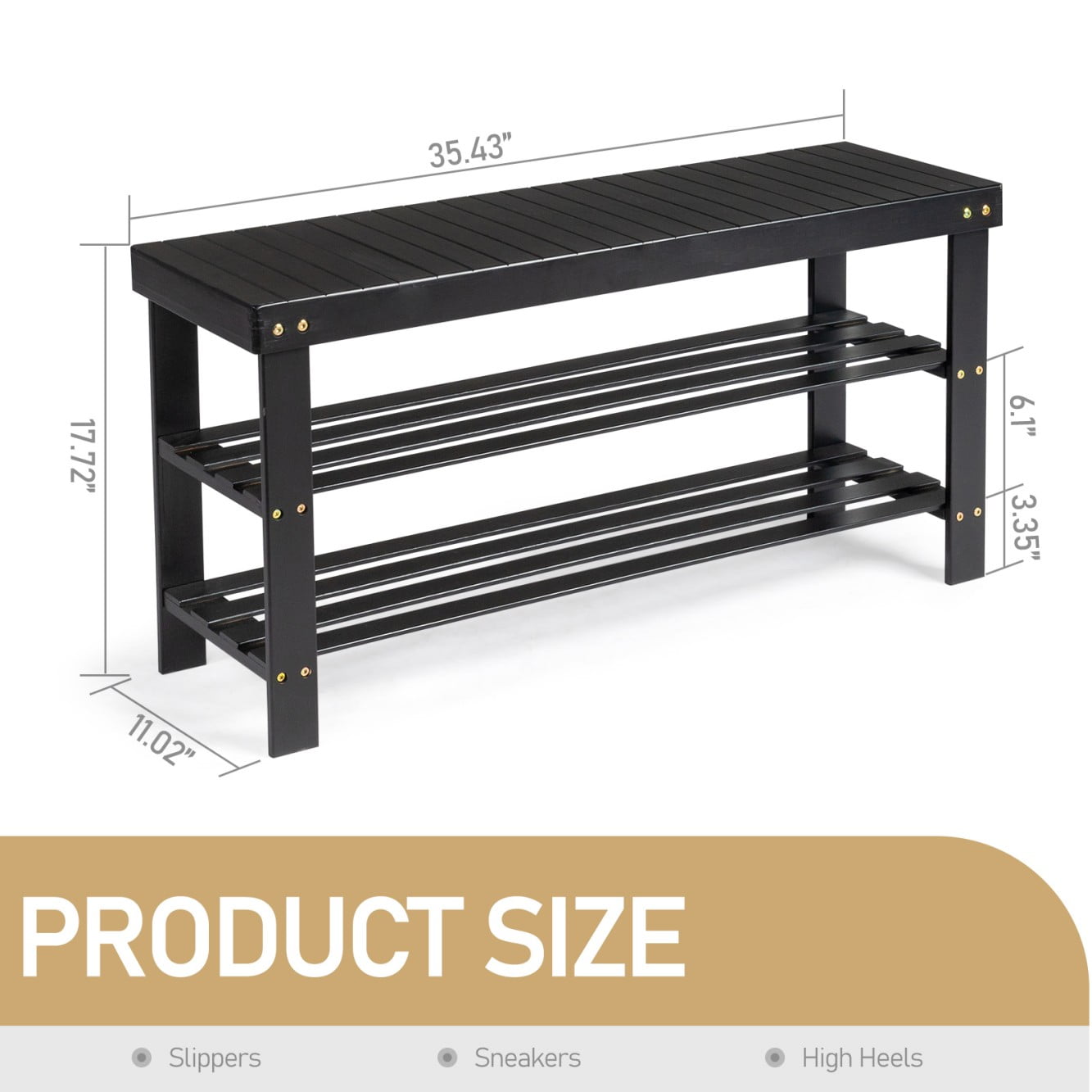 Tcbosik 35.43" Bamboo Bench, Modern 3-Tier Entryway Seat w/ Open Shelves, Easy Assembly, Black