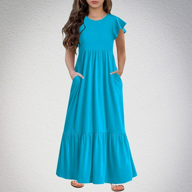 TopLLC Robe à Manches Courtes à Col Rond Mode Filles Été Nouvelle Robe à Manches Courtes à Col Rond Robe de Couleur Unie Robe Fille