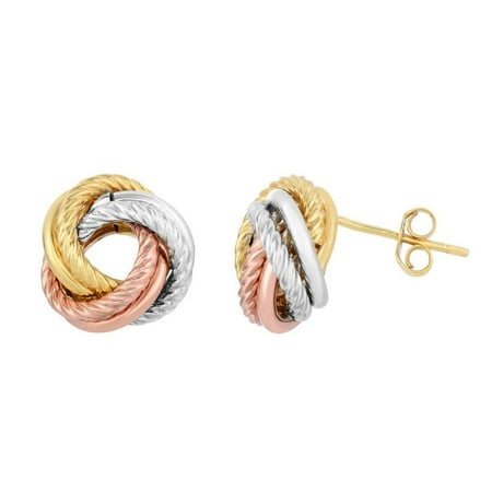 - 10k Yellow White Rose Gold 11mm Diam-cut 2 Row Tri-color Loveknot Post Earrings Push Back Clasp