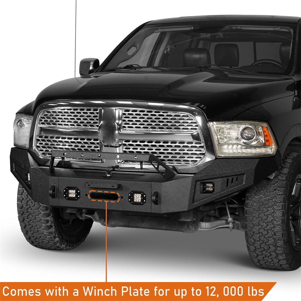 Hooke Road Full Width Front Bumper Fit 2013-2018 Dodge Ram 1500 with Winch Plate & 4x 18W LED Lights