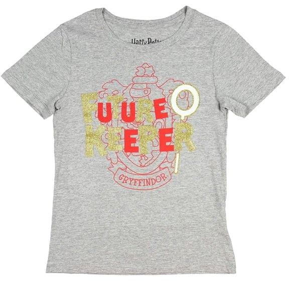Harry Potter Shirt Big Girl's Future Quidditch Keeper Gryffindor Glitter Logo T-Shirt (Small 6/6X)