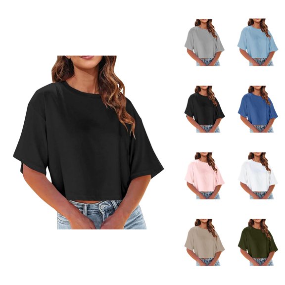 Oversized Tshirts for Women Crewneck Drop Shoulder Short Sleeve Tee Solid Casual Going out Tops