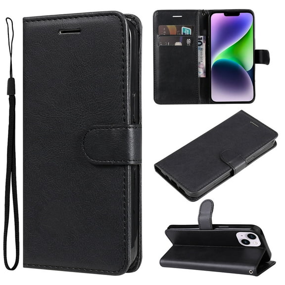 for iPhone 14 Plus Wallet Case, with Credit Card Holder and Wrist Strap, RFID Blocking PU Leather Flip Magnetic Cell Phone Cover Case for iPhone 14 Plus 6.7 inch, Black