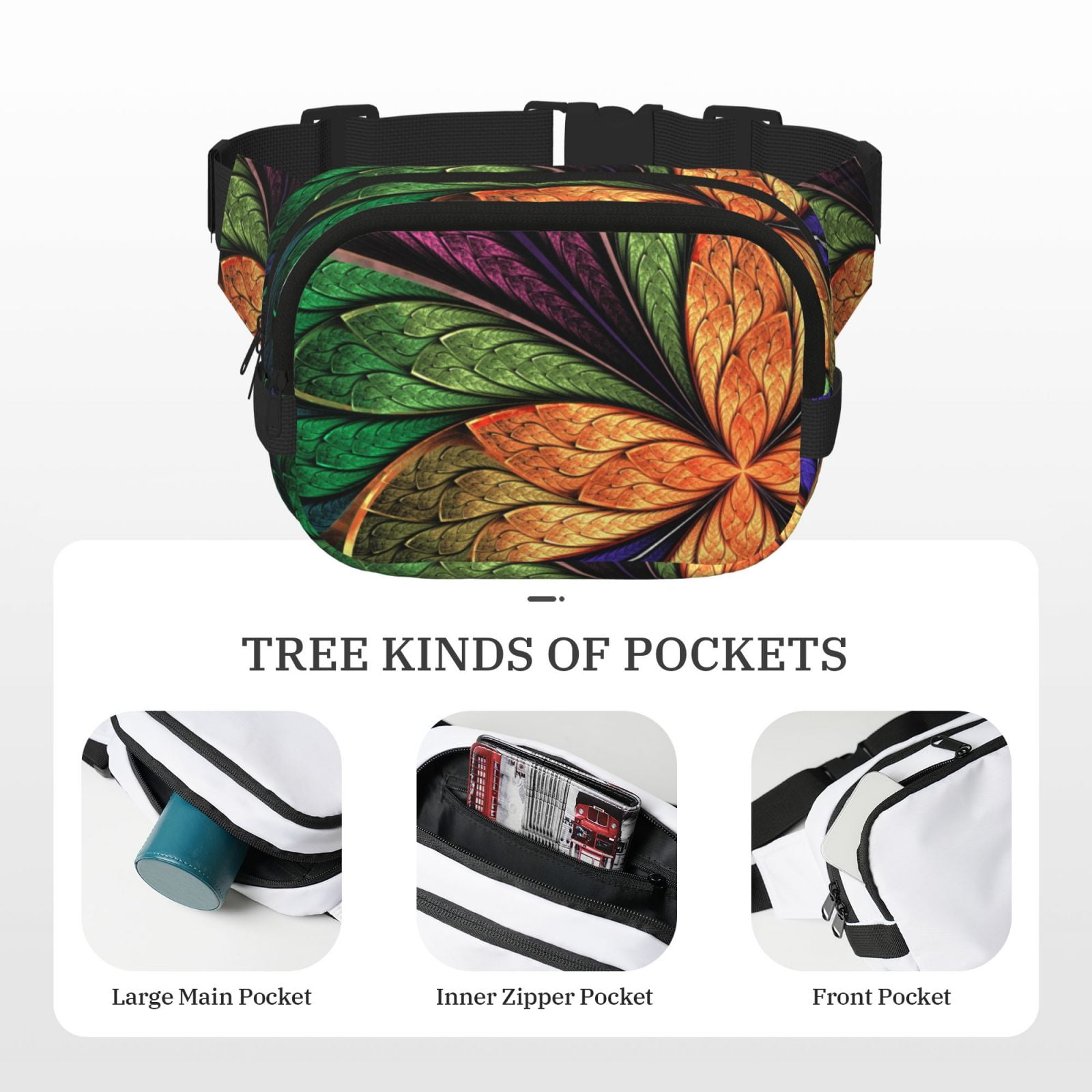 Picia Multicolored Beautiful Flower1 Print Square Double-Layer Waist Bag Mini Adjustable Waist Belt Bag Exercise Running Travel Hiking