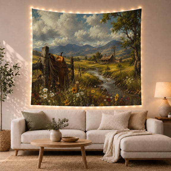 Highland Cow Saddle on Fence Meadow Landscape Painting, Serene Rustic for Farmhouse Enthusiasts, Country Home Decor Art, Birthday Gift Tapestry Wall Hanging for Bedroom and Living Room