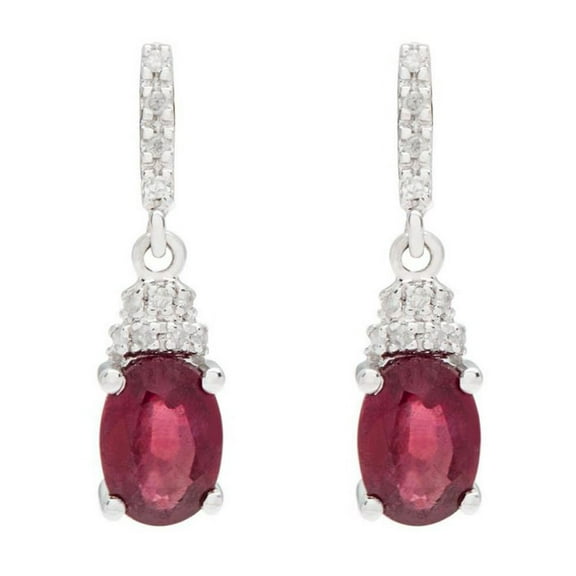 10k White Gold Oval Ruby and Diamond Drop Earrings