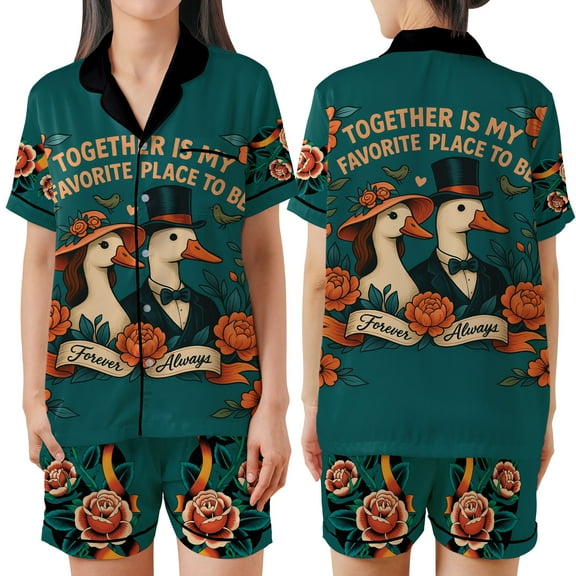 Together Is My Favorite Place to Be Pajama Set – Duck Couple Satin Sleepwear, Forever Always Love-Themed Loungewear