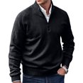thumbnail image 2 of Mens Zip Sweater Stand Collar Solid Color Long Sleeve Knit Pullover Fall Winter Soft Ribbed Hem Casual Knit Jumper Tops Black 4XL, 2 of 5