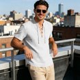 thumbnail image 7 of Men's Linen Shirts Short Sleeve Stand Collar Lace Up T Shirts Casual Lightweight Breathable Relaxed Fit Summer Tees, S, 7 of 7
