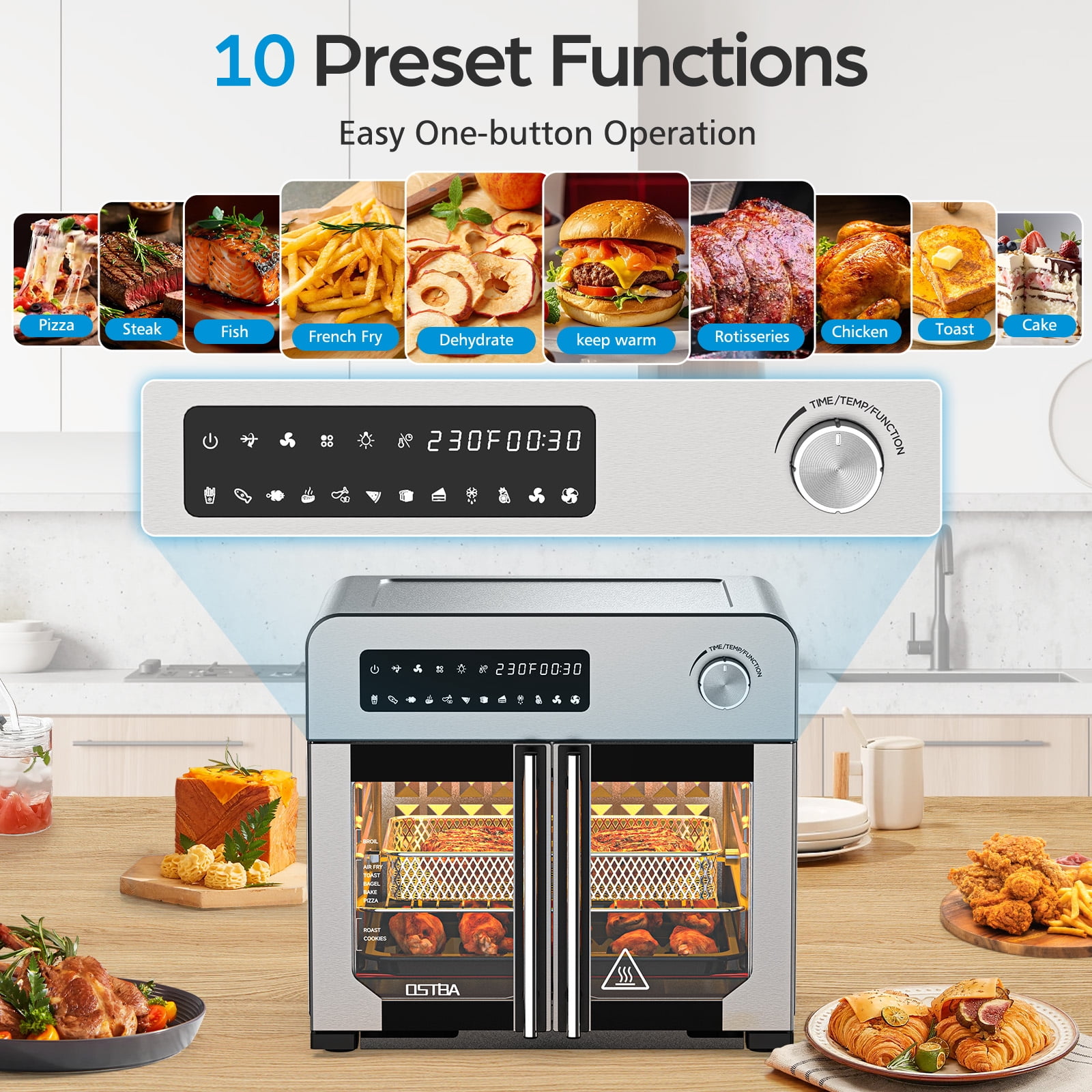 OSTBA 10‑in‑1 French Door Air Fryer Toaster Oven Combo, 24QT Countertop Convection Oven with 102 Recipes & 7 Accessories, 30% Faster Cooking, 90% Less Oil, Stainless Steel
