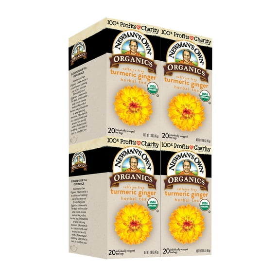 Newman’s Own Organic Turmeric Ginger Herbal Tea Caffeine-Free May Aid Digestion and Boost Immunity Turmeric Tea with 20 Individually Wrapped Tea Bags Per Box (Pack of 4) USDA Certified