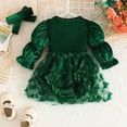 thumbnail image 3 of Pandaie Toddler Baby Girls Christmas Velvet Dress Butterfly Puff Sleeve Outfit 3M 6M 9M 12M 18M with Bow Headband Green,9-12 Months, 3 of 8