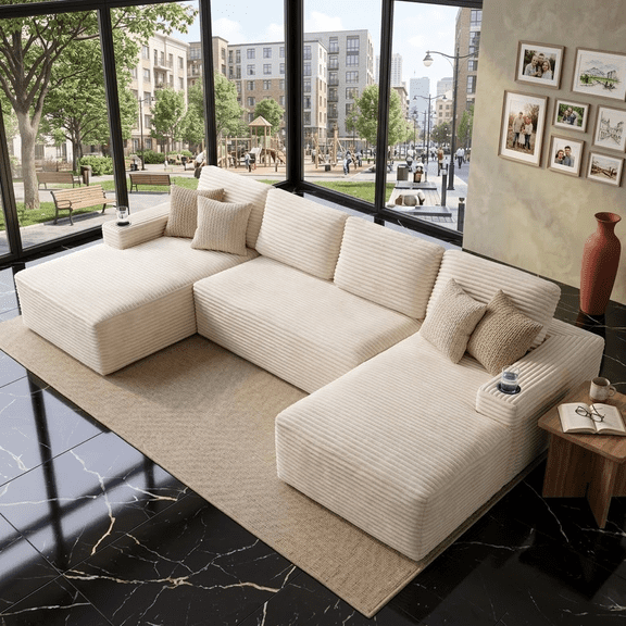 Howcool 133" Cloud Boneless U-Shaped Modular Corduroy Sectional Couch with Chaise, Deep Memory Foam Seat, Cup Holders & Side Pockets, No Assembly for Living Room, Beige