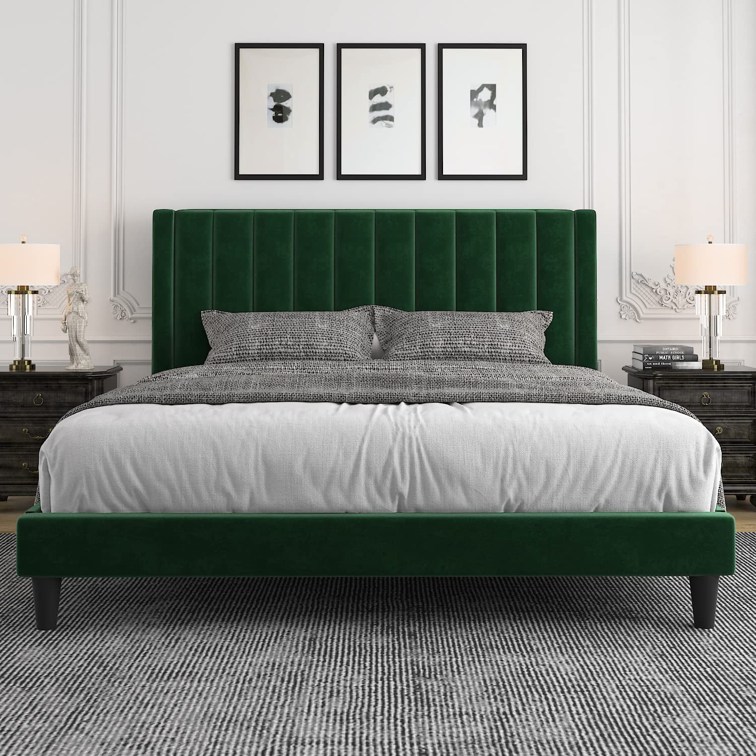 Allewie King Size Velvet Upholstered Bed Frame with Vertical Channel Tufted Headboard, Green