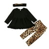 Kids Baby Girl’s Long-sleeved and Trousers Suit Solid Color Skirt Hem T-shirt Leopard Long Pants and Headband