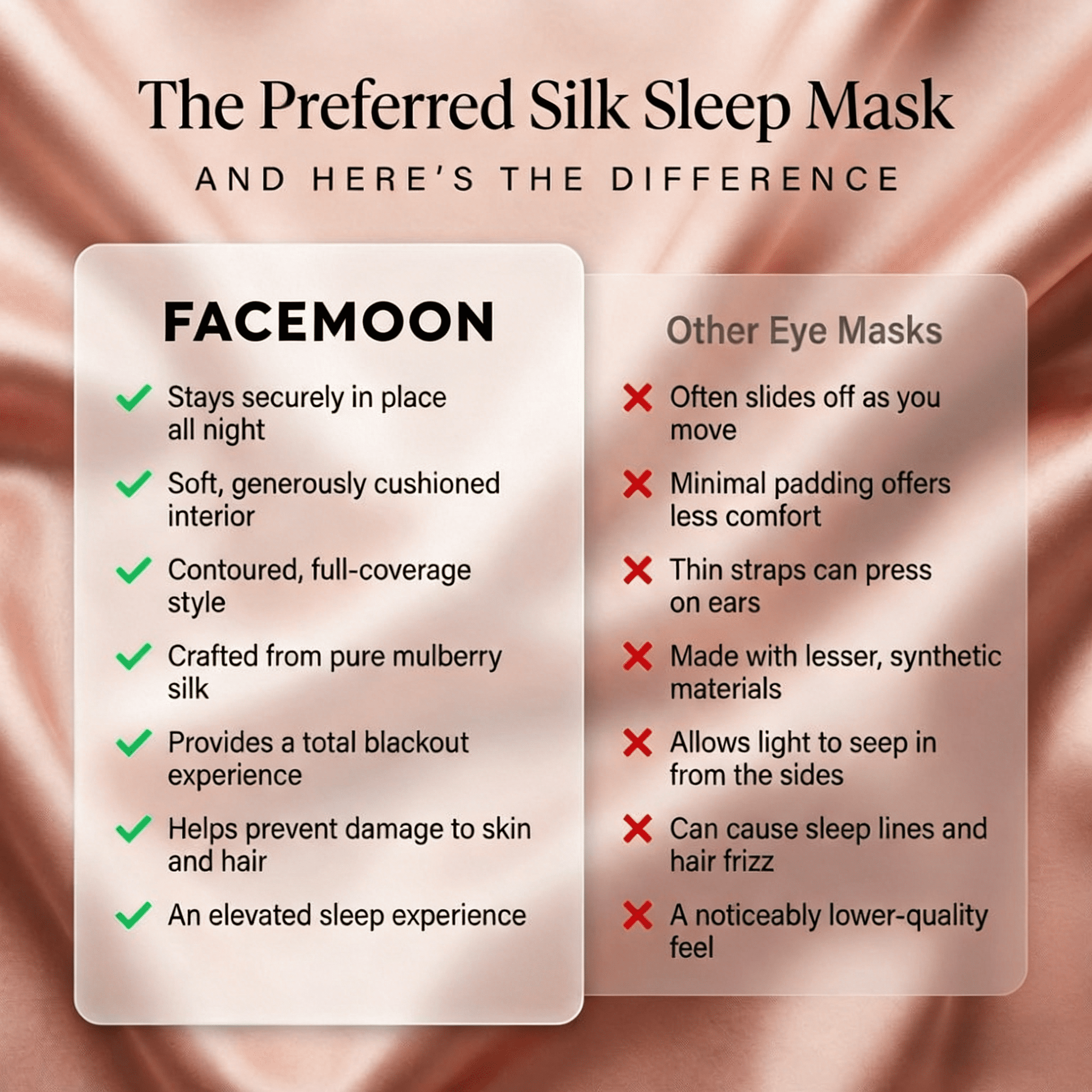 FACEMOON 100% Mulberry Silk Eye Mask, Adjustable, Side Sleeper Blackout for Travel