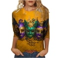 thumbnail image 3 of Feancey Spring Tops for Women Trendy 3/4 Sleeve Carnival Themed T-Shirts Comfy Crewneck Mask Print Graphic Tee Mardi Gras Parade Blouse Multicolor 3XL, 3 of 6
