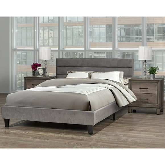 Cosmic Homes Queen Size Platform Bed Frame with Fabric Upholstered Headboard Grey, No Box Spring Required