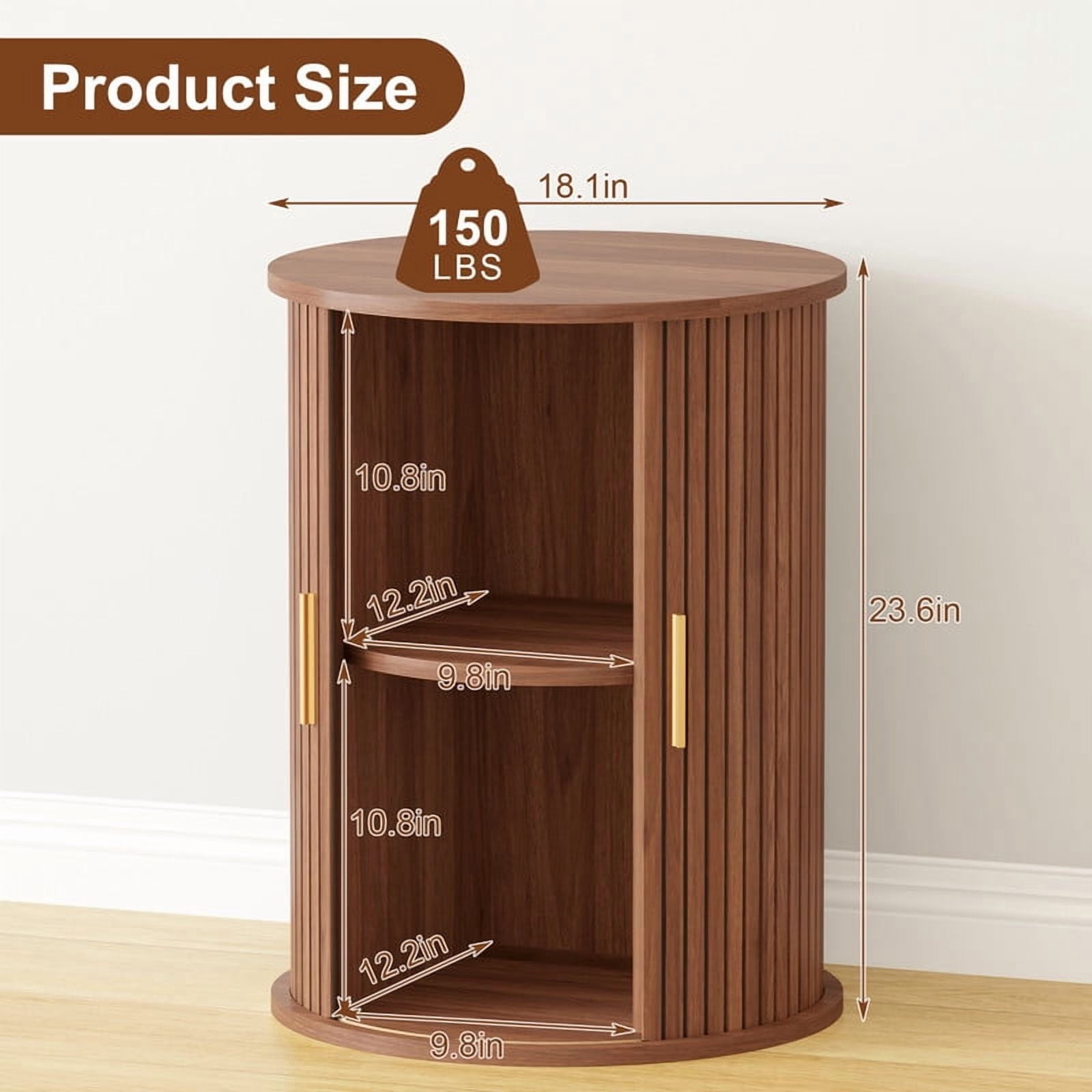 Fluted Round Side Table Set of 2, Mid Century Modern Night stand with Sliding Tambour Door and Storage Shelf, Wood Bedside Table, End Table for Small Space,Bedroom, Living Room